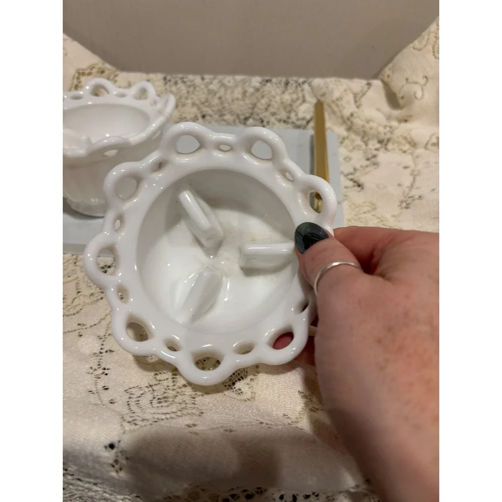 Vintage White Milk Glass Lace Edge Taper Candle Holders Set of 2